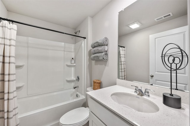 full bathroom with toilet, shower / tub combo, and vanity