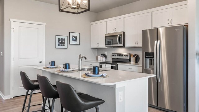 kitchen with light hardwood / wood-style flooring, stainless steel appliances, a kitchen island with sink, sink, and tasteful backsplash