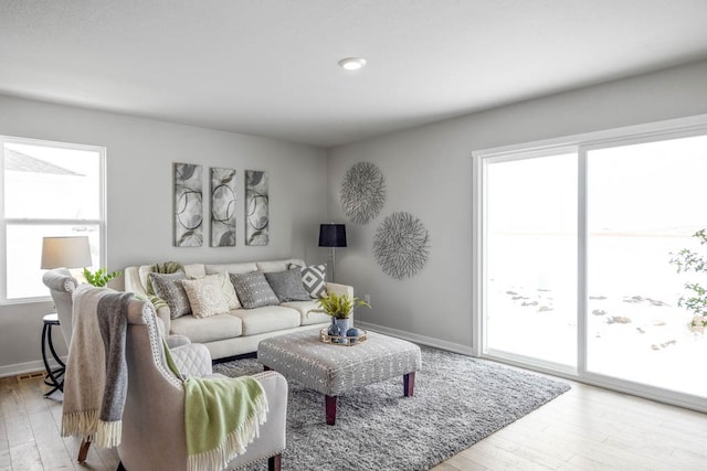 living room featuring plenty of natural light and light hardwood / wood-style flooring