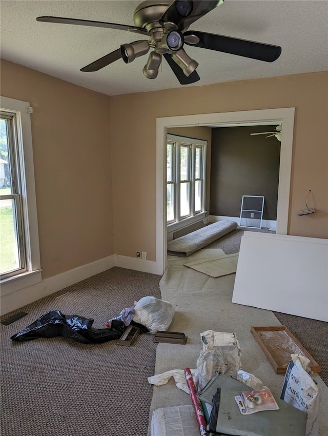 interior space featuring carpet flooring, a healthy amount of sunlight, a textured ceiling, and ceiling fan