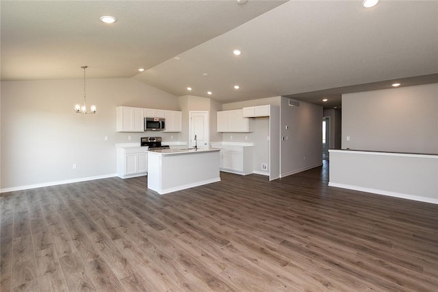 kitchen featuring a kitchen island with sink, sink, white cabinets, and appliances with stainless steel finishes