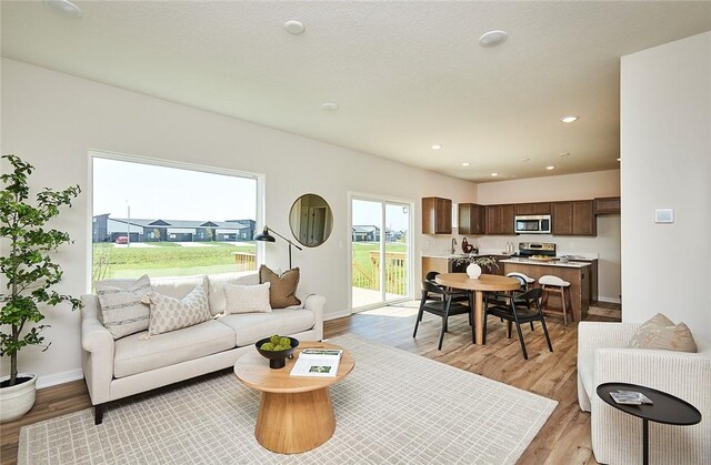 living room featuring light wood-type flooring and a textured ceiling