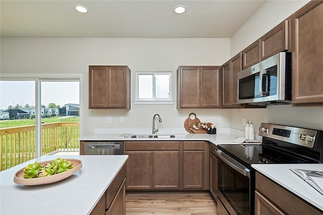 kitchen with appliances with stainless steel finishes, light hardwood / wood-style floors, sink, and plenty of natural light