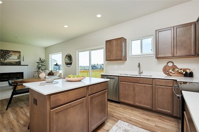 kitchen with light hardwood / wood-style flooring, stainless steel appliances, a kitchen island, and sink