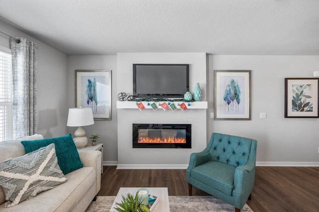 living room with a textured ceiling and dark hardwood / wood-style flooring