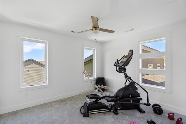 workout room featuring a healthy amount of sunlight, carpet floors, and ceiling fan