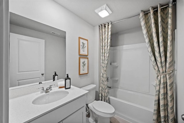 bathroom featuring toilet, shower / tub combo, visible vents, and vanity