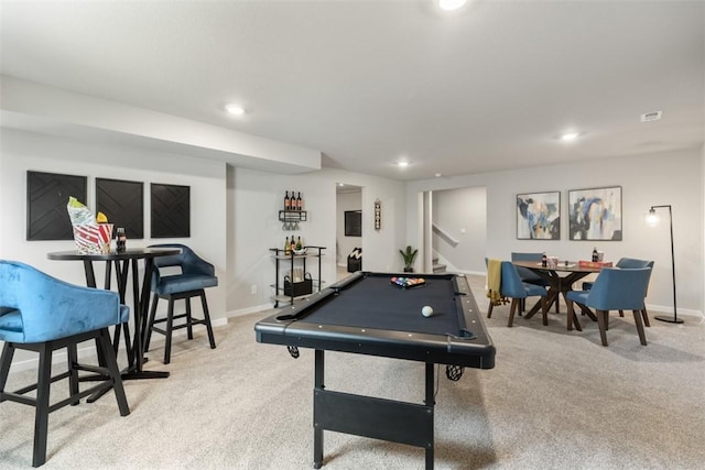 rec room featuring light colored carpet and pool table