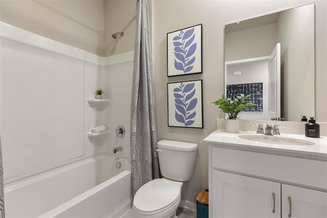 full bathroom with vanity, toilet, and shower / bath combo with shower curtain