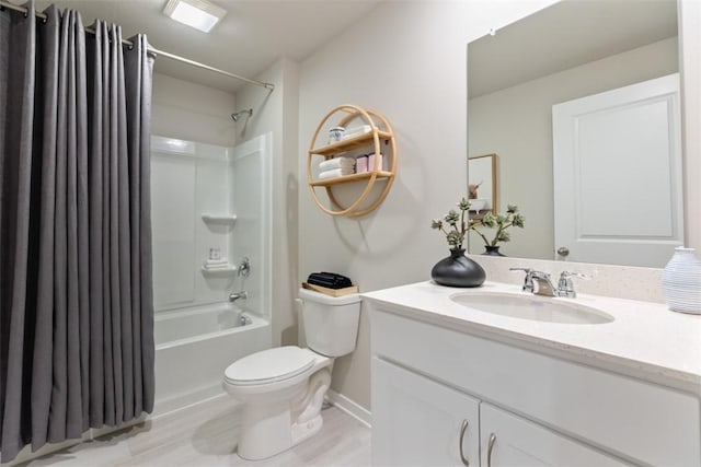 full bathroom with wood-type flooring, vanity, toilet, and shower / bathtub combination with curtain