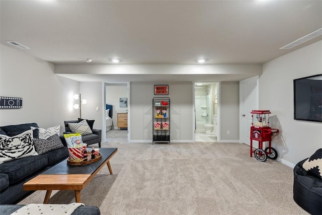 living room with light colored carpet