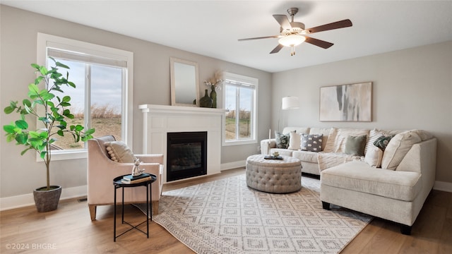 living room with ceiling fan and wood-type flooring