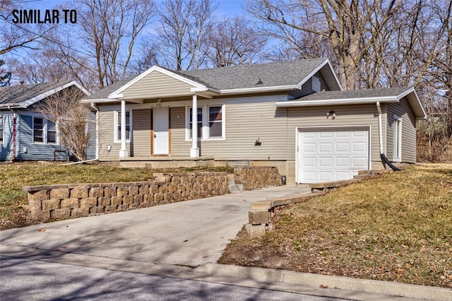 single story home featuring a front lawn and a garage