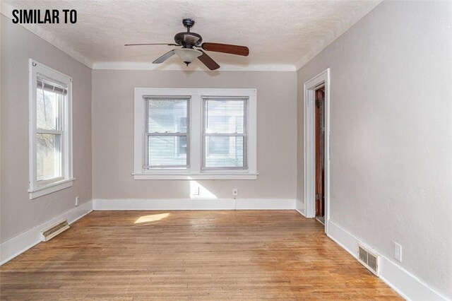 spare room with a wealth of natural light, ceiling fan, and light hardwood / wood-style flooring