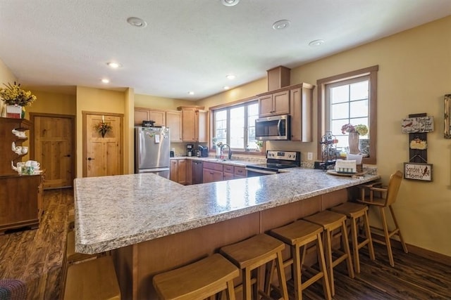 kitchen with a peninsula, a sink, light countertops, dark wood-type flooring, and appliances with stainless steel finishes