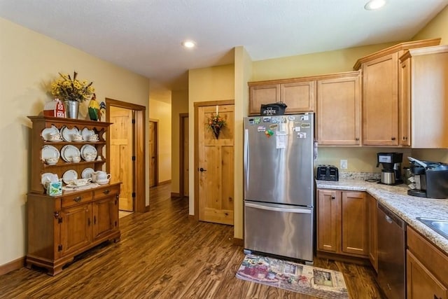 kitchen featuring open shelves, recessed lighting, appliances with stainless steel finishes, baseboards, and dark wood-style flooring