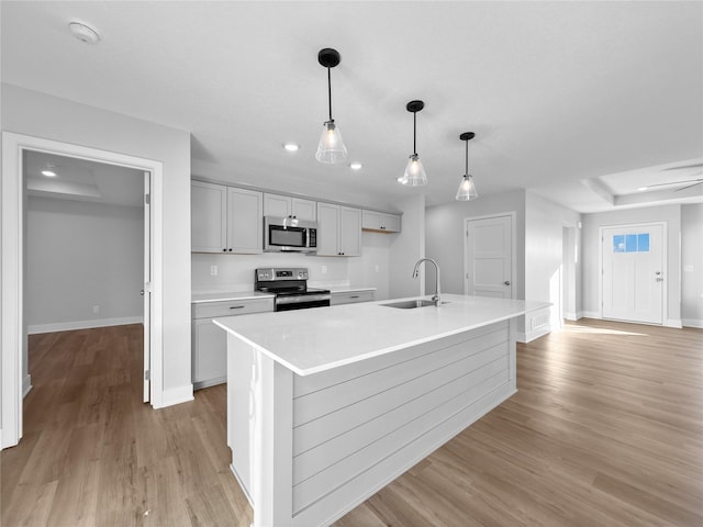 kitchen featuring sink, stainless steel appliances, an island with sink, light hardwood / wood-style floors, and gray cabinets