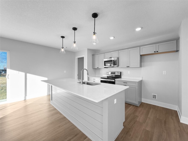 kitchen with gray cabinetry, sink, stainless steel appliances, decorative light fixtures, and a kitchen island with sink