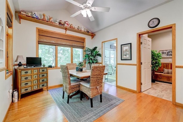 dining space featuring lofted ceiling, hardwood / wood-style flooring, and ceiling fan