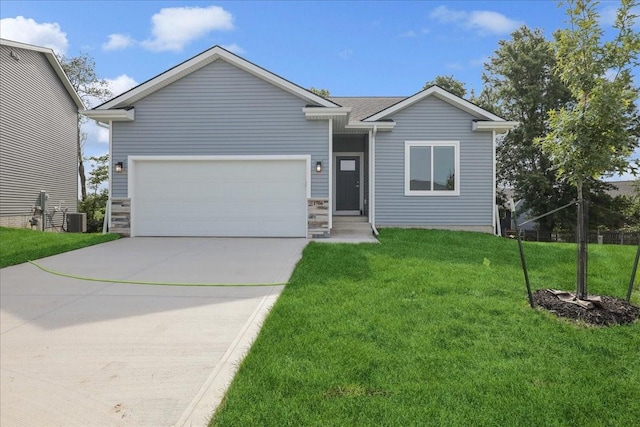 single story home with driveway, central AC unit, stone siding, an attached garage, and a front yard