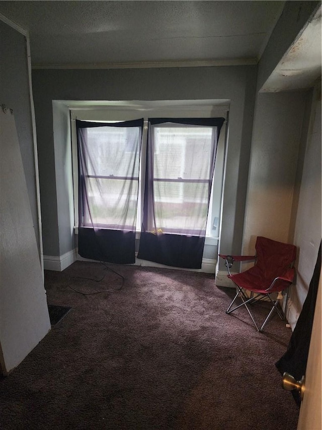 interior space with crown molding and carpet floors