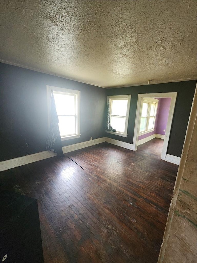 spare room with a wealth of natural light, dark hardwood / wood-style floors, and a textured ceiling