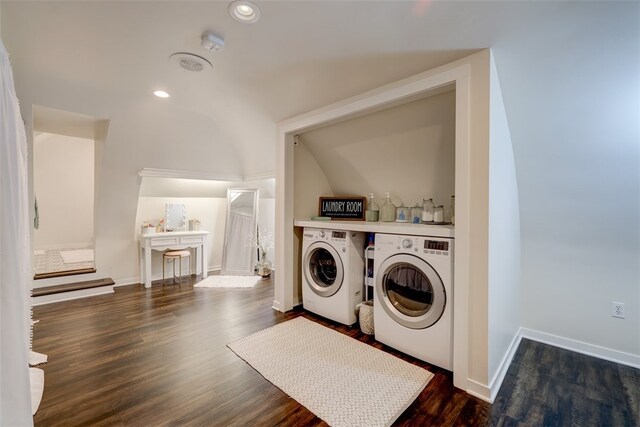 laundry room featuring independent washer and dryer and dark hardwood / wood-style flooring