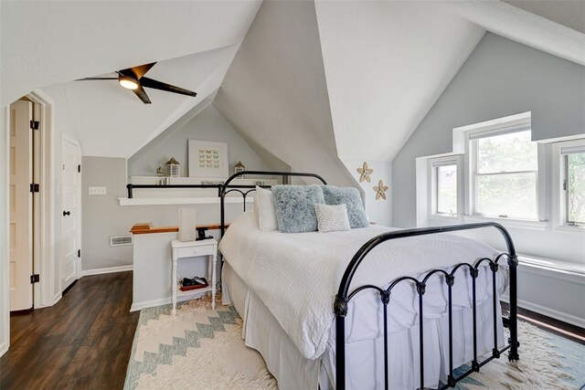 bedroom featuring ceiling fan, lofted ceiling, and hardwood / wood-style floors