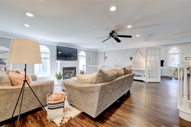 living room featuring ornamental molding, ceiling fan, and dark wood-type flooring