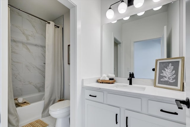 full bathroom featuring tile patterned flooring, shower / bathtub combination with curtain, vanity, and toilet