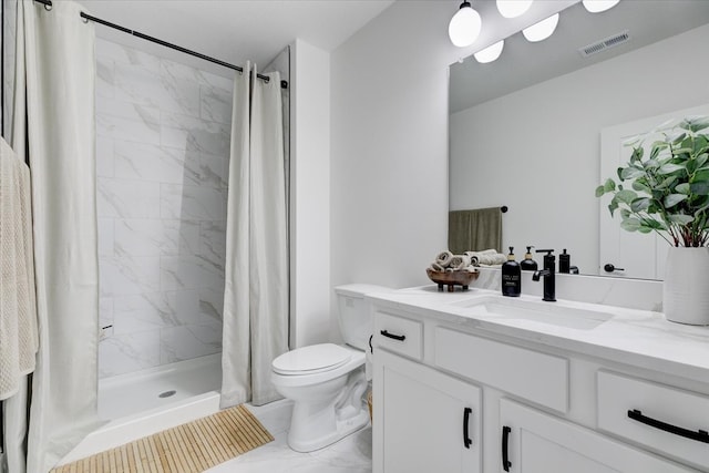 bathroom featuring toilet, vanity, and a shower with shower curtain