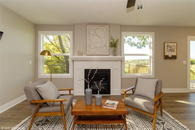 sitting room featuring hardwood / wood-style flooring and ceiling fan