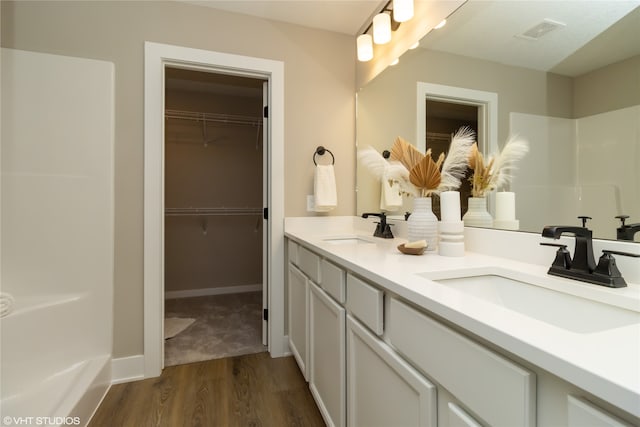 bathroom with hardwood / wood-style flooring and vanity