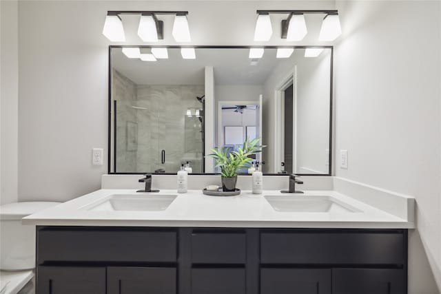 bathroom featuring vanity, an enclosed shower, and toilet