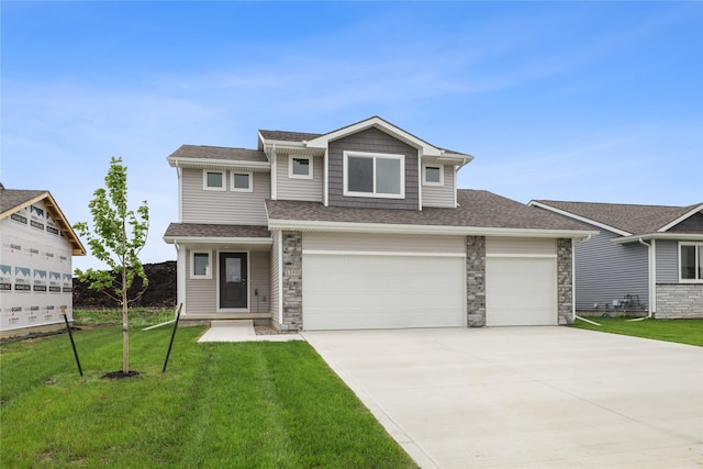 1355 Locust St, Waukee, IA 50263 - view of front facade featuring driveway, a front yard, roof with shingles, and an attached garage