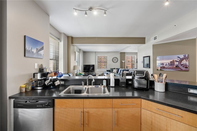 kitchen with light brown cabinets, stainless steel dishwasher, a wealth of natural light, and sink