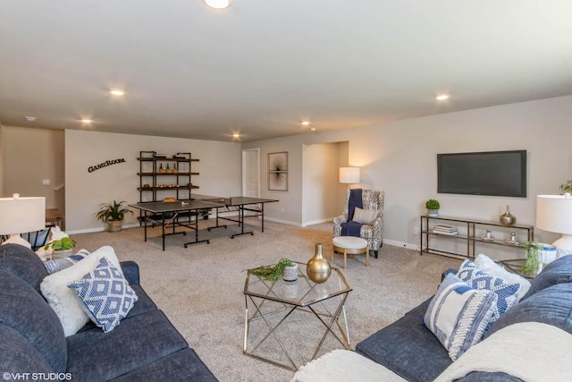 living room with baseboards, carpet flooring, and recessed lighting