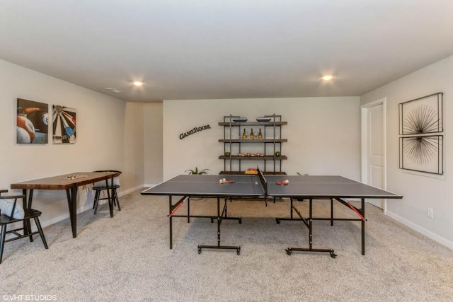 recreation room featuring recessed lighting, carpet, and baseboards