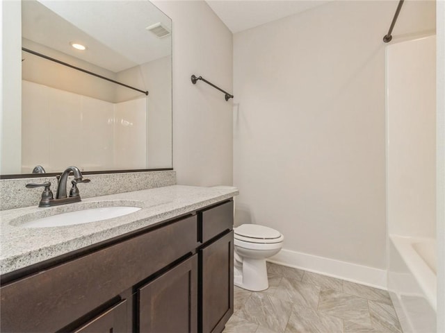 full bathroom featuring bathtub / shower combination, toilet, and vanity