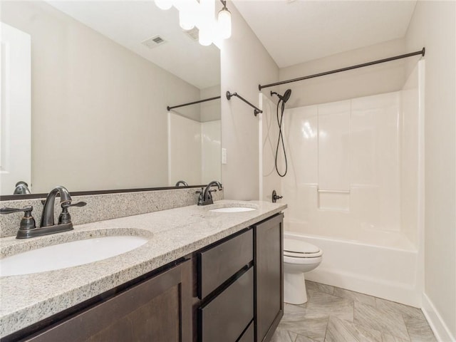 full bathroom featuring toilet, shower / tub combination, and vanity