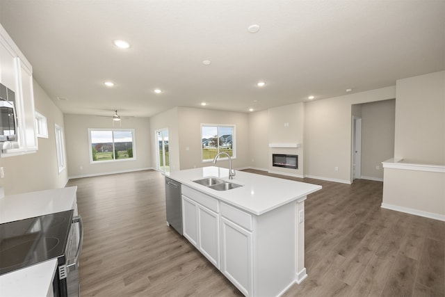 kitchen featuring hardwood / wood-style flooring, sink, an island with sink, and range