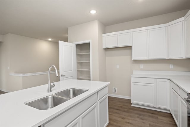 kitchen with white cabinetry, sink, and dark wood-type flooring