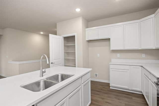 9020 Mockingbird Dr, West Des Moines, IA 50266 - kitchen featuring a sink, white cabinets, recessed lighting, dark wood-style flooring, and light countertops