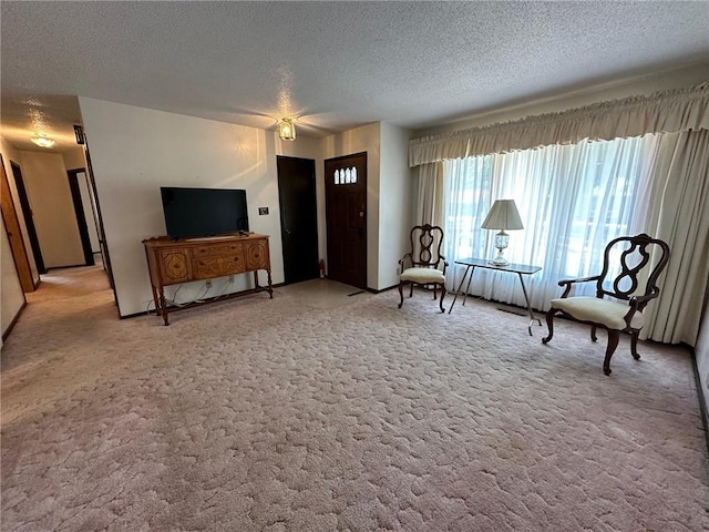 sitting room featuring a textured ceiling and light colored carpet