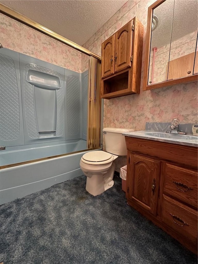 full bathroom featuring vanity,  shower combination, toilet, and a textured ceiling