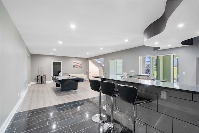 game room featuring dark wood-style floors, recessed lighting, pool table, and baseboards