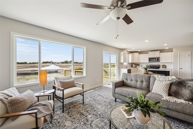 living room featuring sink, a wealth of natural light, and ceiling fan