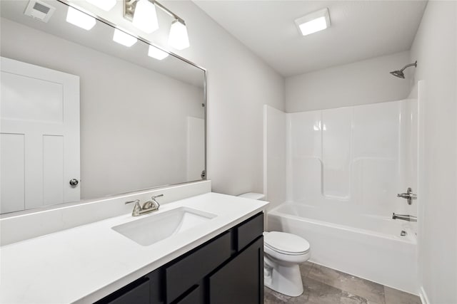 full bathroom featuring shower / tub combination, vanity, and toilet