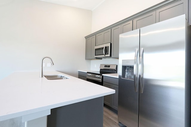 kitchen featuring stainless steel appliances, light countertops, a sink, and gray cabinetry