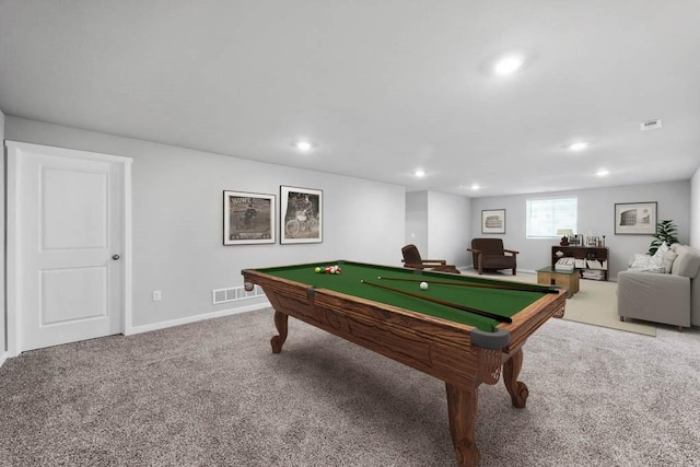 rec room featuring billiards, visible vents, carpet floors, baseboards, and recessed lighting